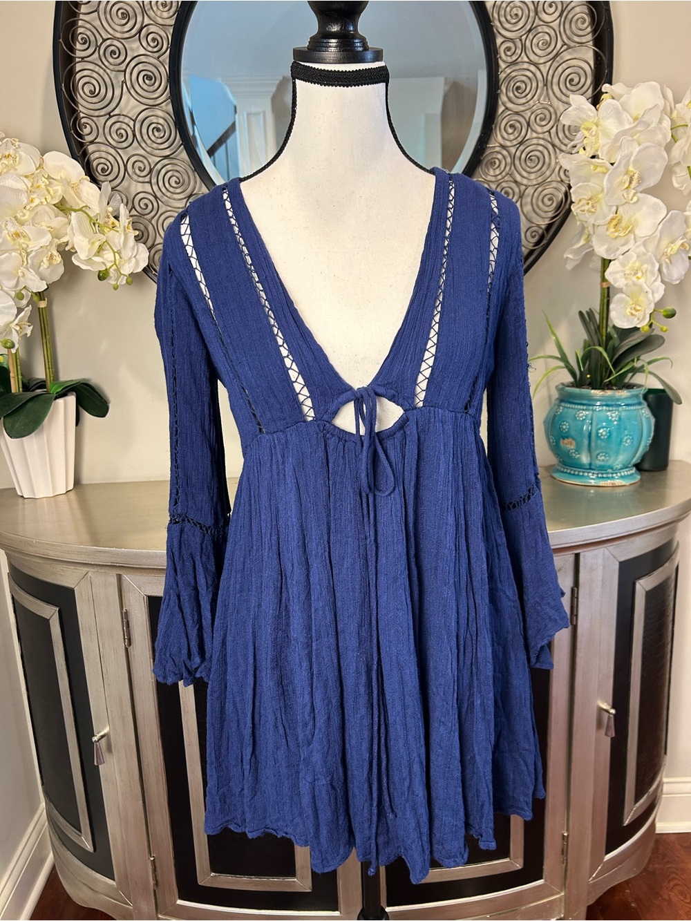 Free People Indigo Deep-V Lace-Trim Tie-Front Boho Tunic